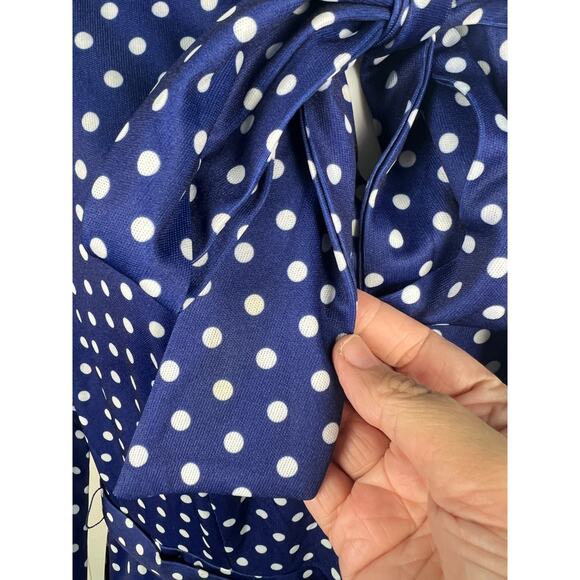 Montgomery Ward 70s does 50s Blue Polka Dot Dress Bow Neck Knit Sz 8 S/M - Picture 7 of 9